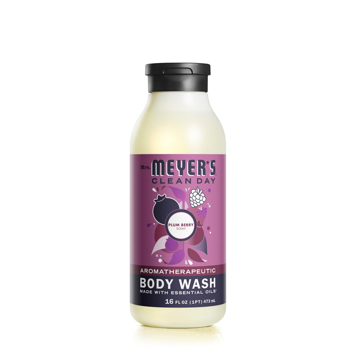 A 16 fl oz Mrs. Meyers Body Wash in Plum Berry scent with essential oils, featuring eco-friendly packaging with a purple label, berry and leaf designs, and a black cap.