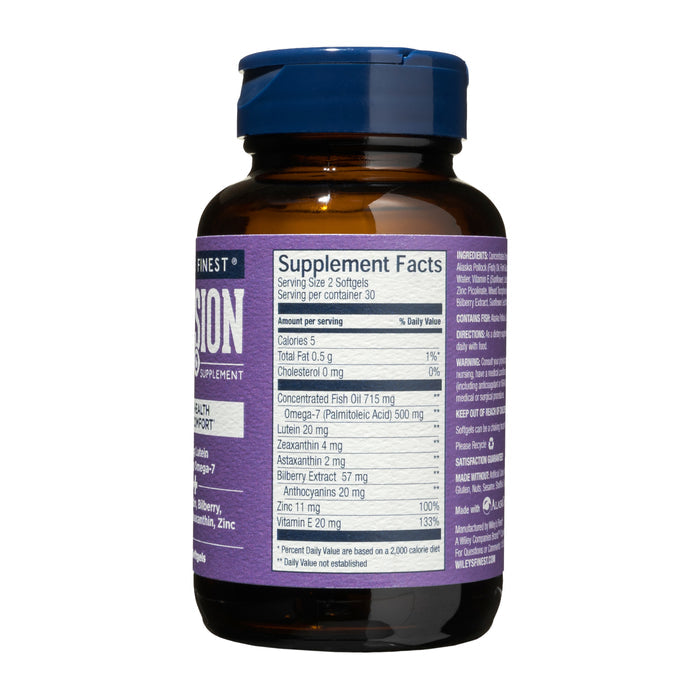 A brown bottle of Wileys Finest Bold Vision: Proactive features a blue cap and purple label listing supplement facts such as calories, cholesterol, vitamins, and lutein benefits. Each bottle offers 30 servings with a serving size of 2 softgels.