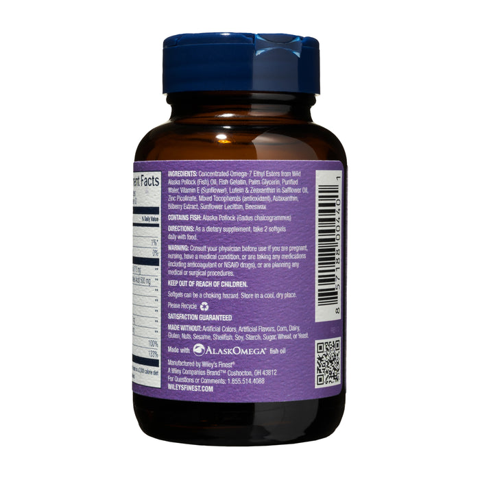 A dark brown bottle with a blue cap shows supplement facts, ingredients, and usage directions for Bold Vision: Proactive by Wileys Finest. The label features AlaskOmega at the bottom with manufacturing details, ensuring quality and potency in every dose.