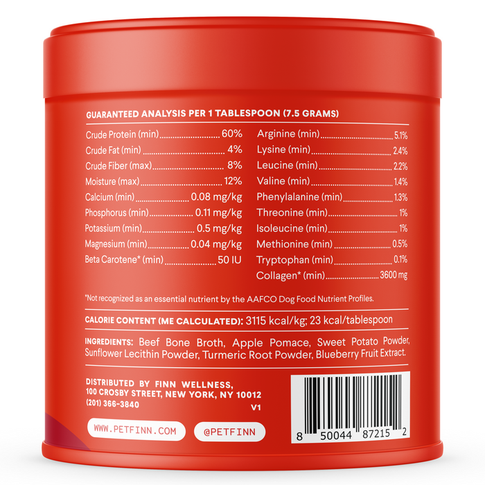 The image features Finns Bone Broth Plus, a red pet food container with details on nutrition and ingredients like beef bone broth, apple pomace, and sweet potato powder for added collagen as a dog meal topper. Contact info and barcode are visible at the bottom.