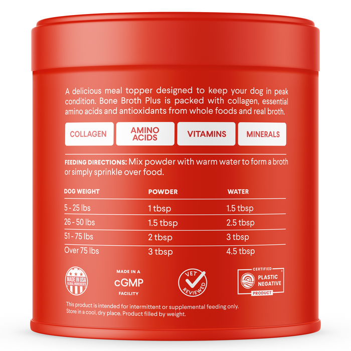 Finns Bone Broth Plus in a red cylinder is an ideal dog meal topper. It contains collagen, essential amino acids, vitamins, and minerals with feeding directions based on weight. Quality seals and eco-friendly packaging provide pet owners with peace of mind.