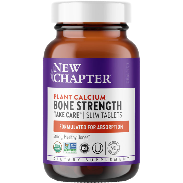 A brown bottle with a purple label reads Bone Strength Take Care™, Organic Plant Calcium for Strong Healthy Bones. This New Chapter supplement features USDA Organic plant calcium from red marine algae, is non-GMO, NSF Certified, gluten-free, and contains 90 tablets.