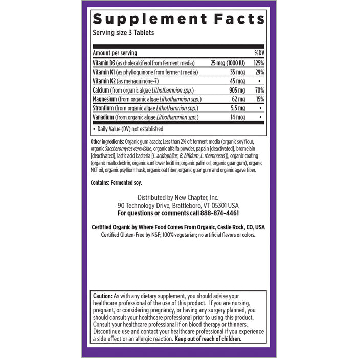 The supplement facts label for Bone Strength Take Care™ by New Chapter details serving amounts of vitamins D3, K2, K1, calcium, and magnesium. It also includes an ingredient list featuring Red Marine Algae, distributor info, and a bone support health disclaimer.