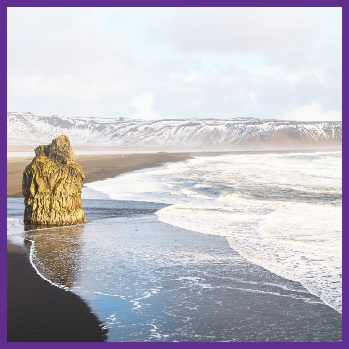 A solitary rock formation rises from the shoreline of a black sand beach with waves crashing gently. Snow-capped mountains loom in the distance under a partly cloudy sky, echoing a natural resilience akin to Bone Strength Take Care™s support for strong, healthy bones by New Chapter.