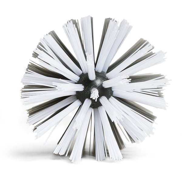 Close-up of the Grove Co. Bottle Brush Replacement Head featuring a black core with densely packed, uniform white bristles radiating outward, resembling a spiky bottle brush ideal for cleaning baby bottles.