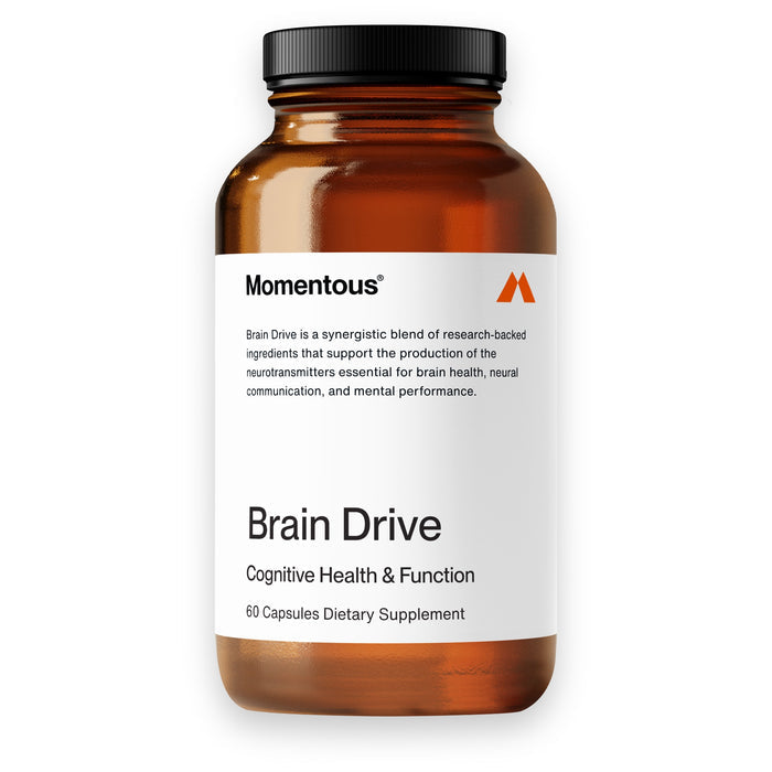 A brown bottle of Momentous Brain Drive with 60 capsules claims to support brain health by enhancing neurotransmitter synthesis, neural communication, and mental performance.
