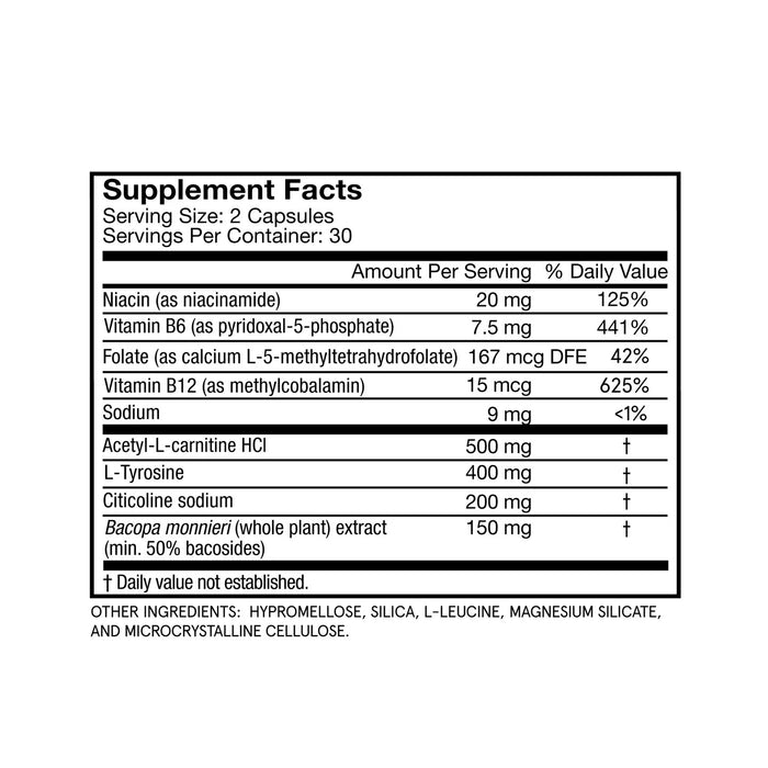 The Momentous Brain Drive supplement facts label shows a serving size of 2 capsules filled with vitamins, minerals, and extracts vital for brain health and neurotransmitter synthesis. Additional ingredients and daily value percentages are listed at the bottom.