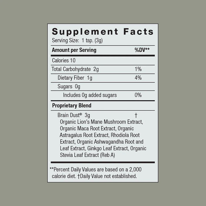 The Brain Dust by Moon Juice supplement facts label lists a serving size of 1 tsp (3g) with details on calories, total carbs, dietary fiber, sugars, and a proprietary nootropic blend featuring organic Lions Mane and Ginkgo Leaf extracts. Percent daily values are provided.