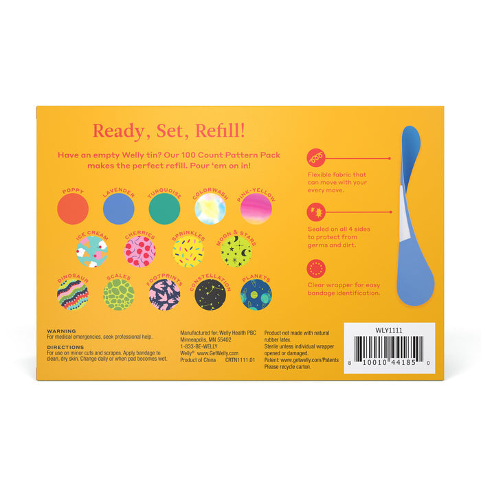 A lively patterned orange box houses the Welly Bravery Bandages Refill, featuring flowers, waves, and polka dots. Ready, Set, Refill! and recycling info detail the 100-count pack. A barcode and blue tear-shaped design adorn the right side.