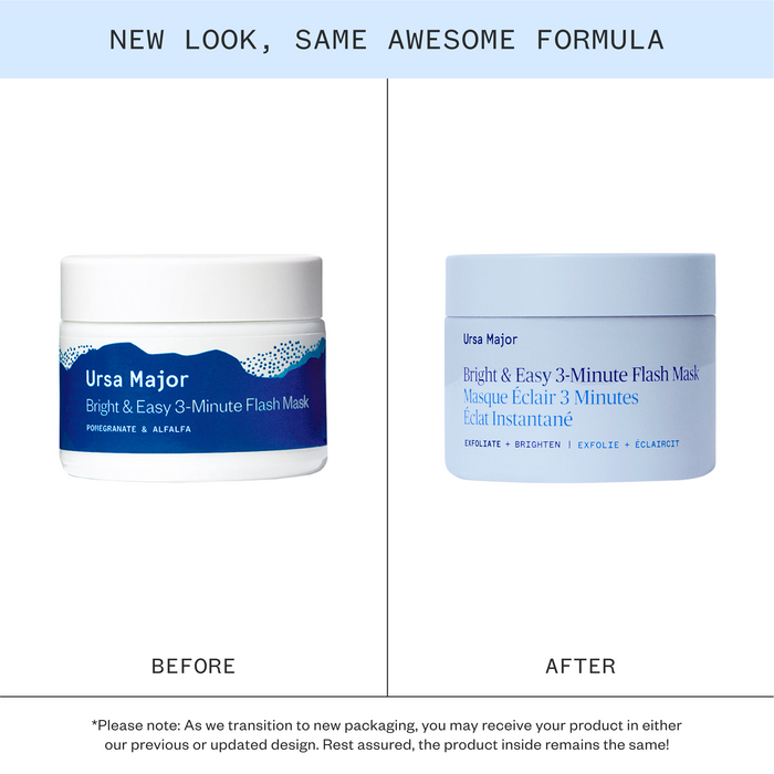 Split-screen shows two jars of Ursa Major Bright and Easy Flash Mask—left is the original white jar, right is the new blue jar. Banner: “New look, same awesome formula.”.