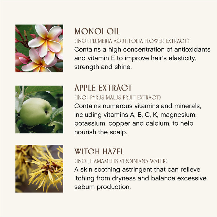 A descriptive image with three sections: Monoi Oil with pink and yellow flowers, Apple Extract with green apples and leaves, and Witch Hazel with yellow flowers. Each section includes text about benefits for hair and scalp care.