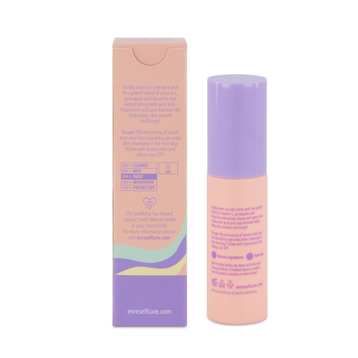 The Bright & Early Vitamin C Repair Serum set by evre. includes a pastel pink and purple bottle and a matching box, detailing usage steps and ingredients. Infused with vitamin C for skin brightening, each item features branding elements and a supportive mental health message at the bottom.