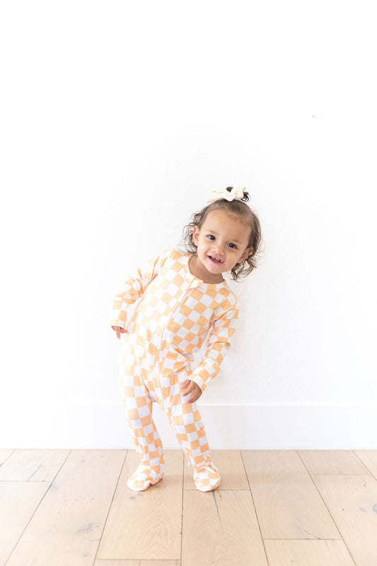 BRIGHT ORANGE + WHITE CHECKER | FOOTIE ONE PIECE