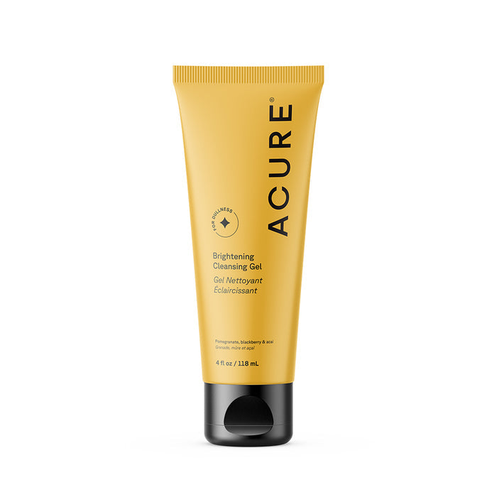 A yellow tube of Acure Brightening Cleansing Gel with a black cap, labeled in English and French as a brightening cleanser. This 4 fl oz (118 ml) vegan essential with pomegranate, blackberry, and acai refreshes your routine.