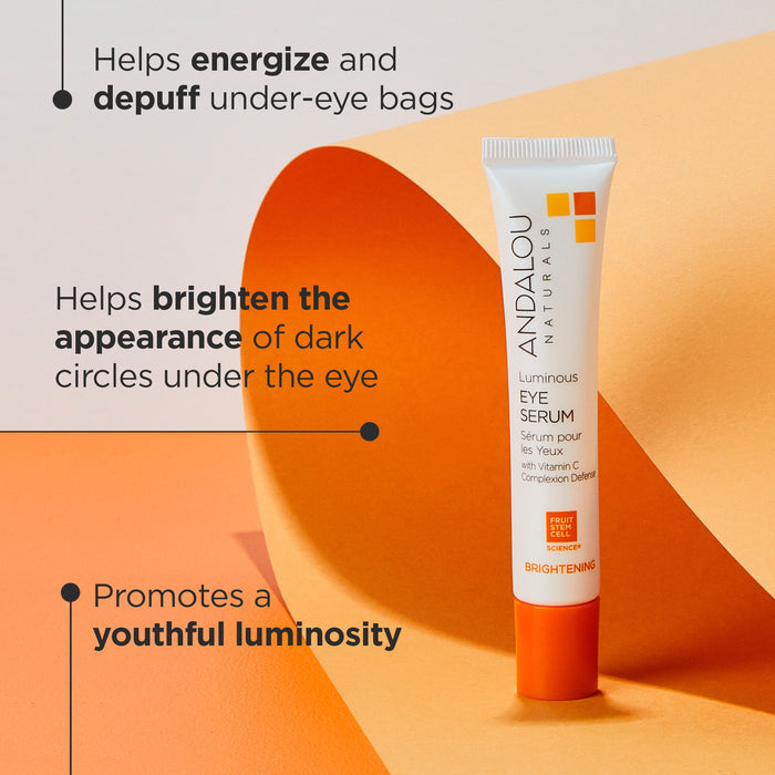 A tube of Andalou Naturals Luminous Eye Serum stands on an orange and beige surface. Text highlights its benefits: energizing and depuffing under-eye bags, brightening dark circles, and promoting youthful luminosity.
