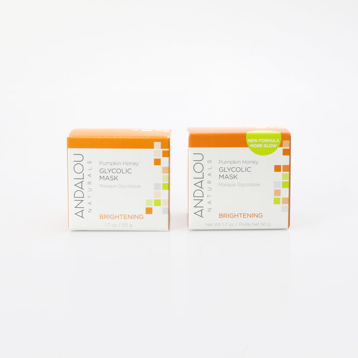 Two boxes of Andalou Naturals Brightening Pumpkin Honey Glycolic Mask are side by side, both in orange and white packaging; the right box has a green "New Formula More Glow" label.