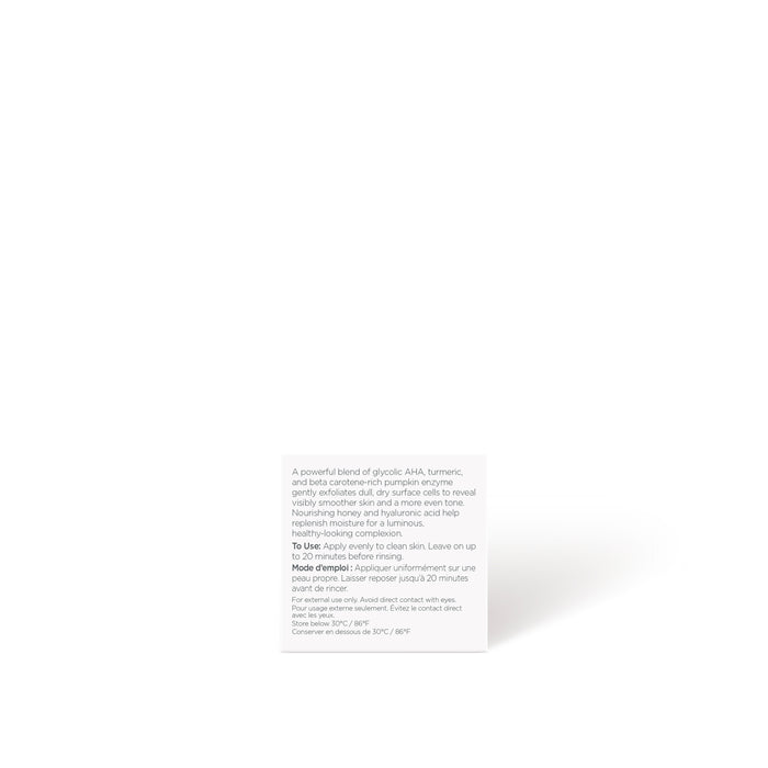 A small white box of Andalou Naturals' Brightening Pumpkin Honey Glycolic Mask displays ingredient, storage, and usage details on a plain white background.