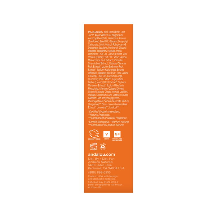 The orange product box of Andalou Naturals Brightening Turmeric + C Enlighten Serum lists ingredients like Aloe Barbadensis Leaf and Citrus Aurantium Dulcis in white text. Certifications and manufacturers details from Petaluma, CA, USA are at the bottom.