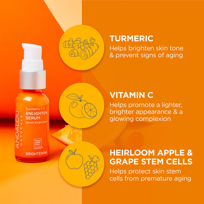 Image of Andalou Naturals Turmeric + C Enlighten Serum bottle against an orange background. Text highlights benefits: Turmeric brightens skin, Vitamin C enhances complexion, Heirloom Apple &amp; Grape Stem Cells protect stem cells from aging.