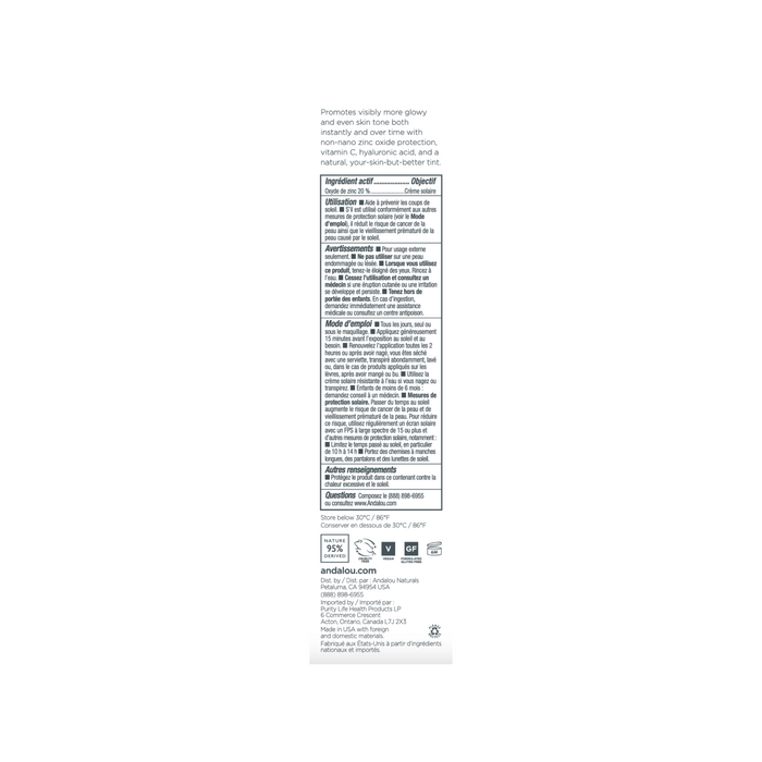 Side view of the Andalou Naturals Brightening Vitamin C BB Beauty Balm Sheer Tint SPF 30 box, featuring black text on a white background detailing ingredients, warnings, directions, and contact information, emphasizing skincare benefits with Vitamin C for radiant results.