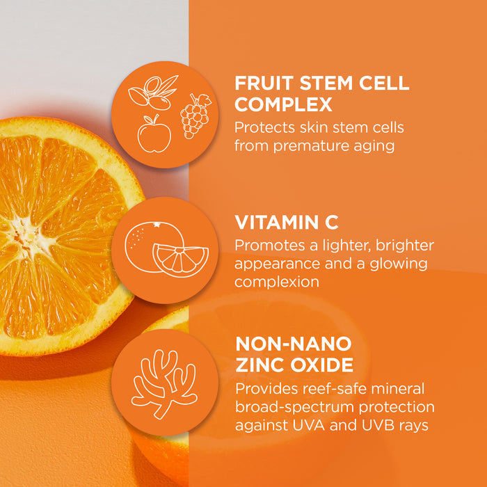 An orange cut in half is on the left. On the right, there are three sections: "Fruit Stem Cell Complex," "Vitamin C," and "Non-Nano Zinc Oxide," each with icons and brief descriptions about skin protection benefits. Orange background.