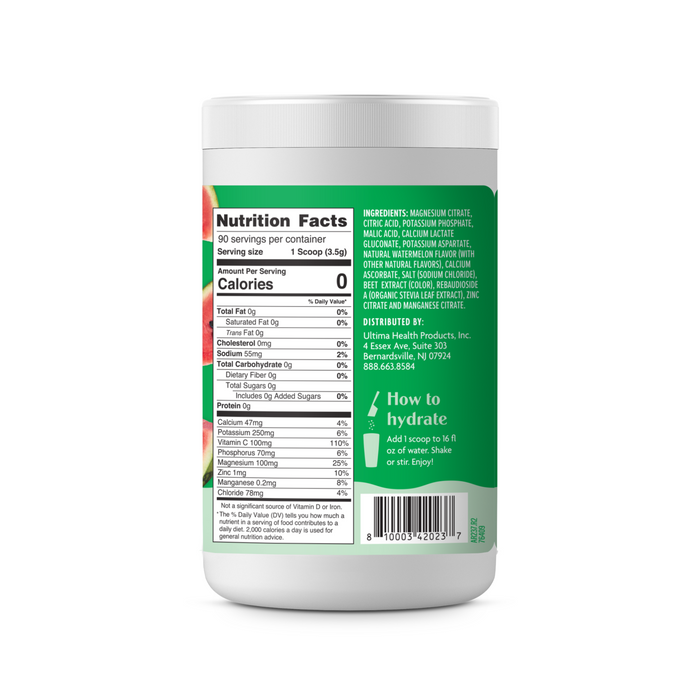A white container of Ultima Replenisher Broad Spectrum Electrolyte Mix for Hydration features a green label with nutrition facts, ingredients, usage instructions, watermelon graphic, sugar-free claim, and barcode.
