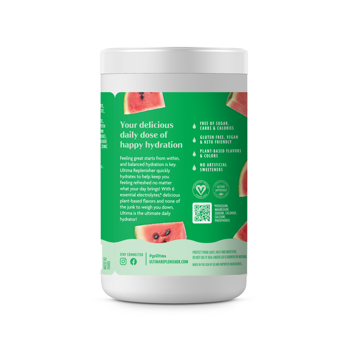 A white container of Ultima Replenisher Broad Spectrum Electrolyte Mix - For Hydration features watermelon graphics and a label showcasing sugar-free hydration, natural taste, vegan, gluten-free, and no artificial sweeteners or colors.