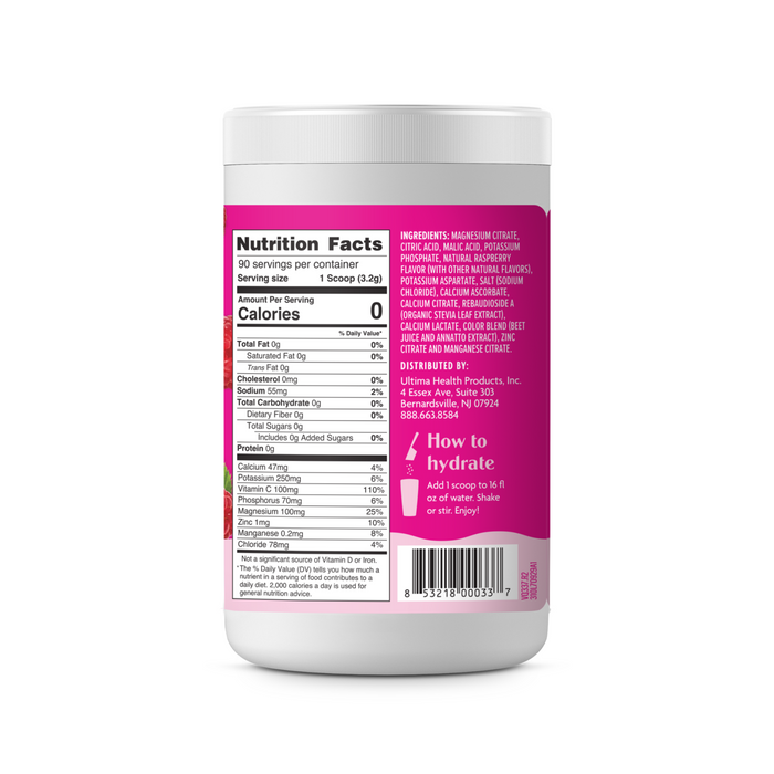 Ultima Replenisher Broad Spectrum Electrolyte Mix is a white, sugar-free hydration supplement with a pink label featuring nutrition facts and instructions to add one scoop to 16 fl oz water. Enjoy natural taste and 0 calories per serving.