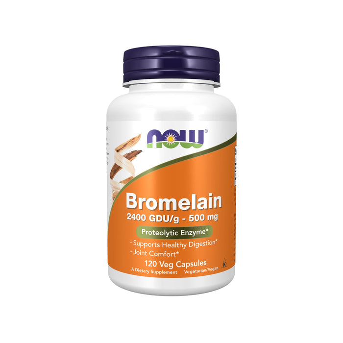NOW Foods Bromelain 500 mg features a white and orange label with 120 vegetarian capsules, each offering 2400 GDU/g for digestion support and joint comfort, making it a great choice for overall wellness.