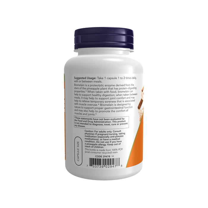 The image shows a white NOW Foods bottle with a navy cap, labeled Bromelain 500 mg - Proteolytic Enzyme for Healthy Digestion. Details like suggested usage, caution, and digestion-supportive bromelain ingredient are highlighted on a clean white background.