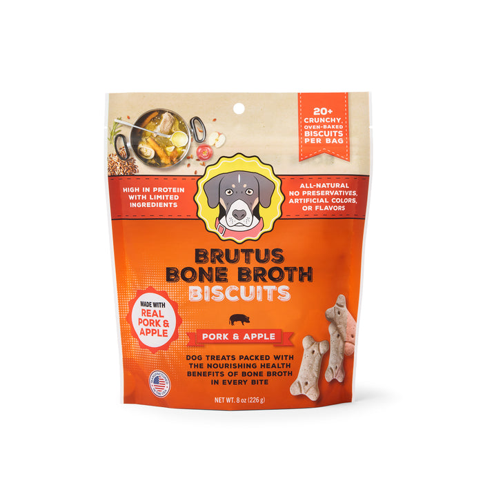 An 8 oz. package of Brutus Bone Broth Biscuits by Brutus Broth features pork and apple flavor with real meat, high protein, joint health benefits, limited ingredients, and no artificial colors or flavors.