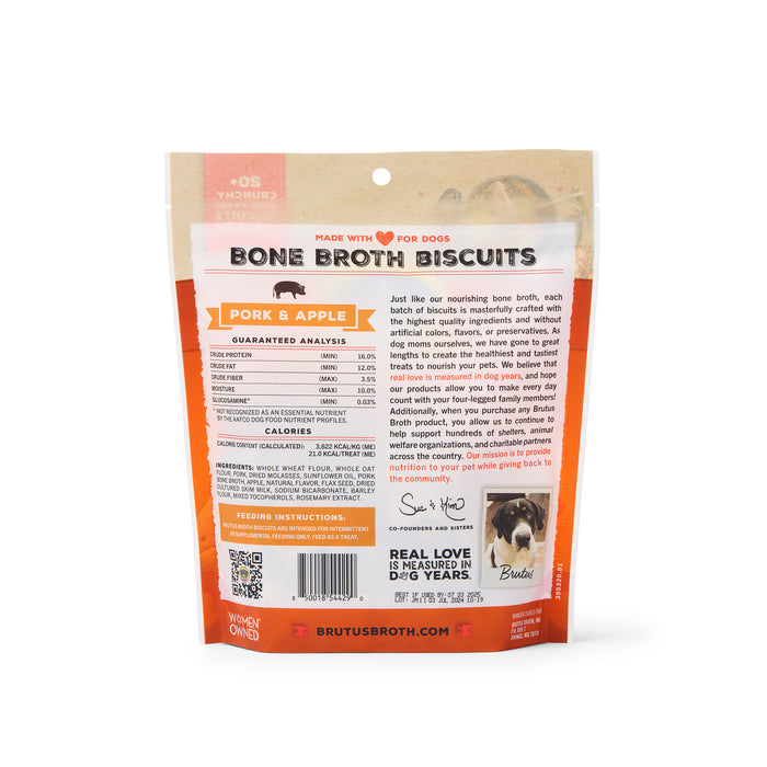Introducing Brutus Bone Broth Biscuits, Pork & Apple flavor. Made with real meat for joint health, the white bag features orange and black lettering, feeding instructions, nutritional info, and a cute dog picture in the bottom right. Brand: Brutus Broth.