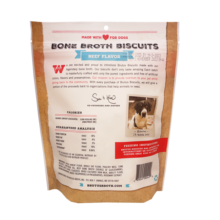 Brutus Bone Broth Biscuits in Beef Flavor from Brutus Broth are beige and red, featuring real meat. Includes feeding instructions, nutritional info for joint health, a dog image, and a mission statement supporting animal organizations.