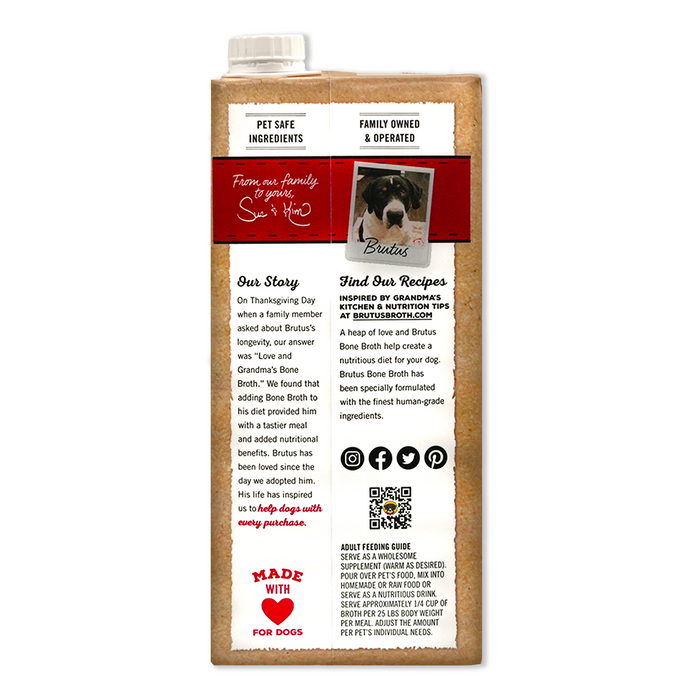 The image is a labeled carton of Brutus Broths Brutus Bone Broth Hip & Joint, featuring a dog named Brutus. It includes his story, family kitchen-inspired recipes with all-natural, pet-safe ingredients, and QR codes for more information on supporting hip and joint health.