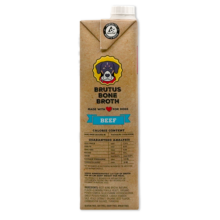 The Brutus Bone Broth Hip & Joint for dogs has a brown label with a cartoon dog, highlighting its beef flavor. This all-natural broth supports hip and joint health, comes in eco-friendly, recyclable packaging, and includes detailed nutritional information.