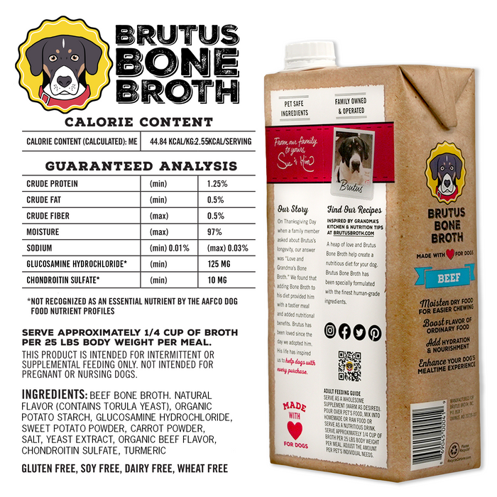 A carton of Brutus Bone Broth for dogs, featuring nutritional information and ingredients like beef bone broth and glucosamine. The packaging includes a dog illustration and logos. Contains details on calorie content and serving instructions.