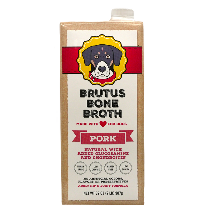 The Brutus Broths Brutus Bone Broth Hip & Joint pork flavor is a 32 oz carton of all-natural, human-grade broth. It includes glucosamine and chondroitin for hip and joint support. Its low calorie, gluten-free, low sodium, ensuring top-notch nutrition for dogs.