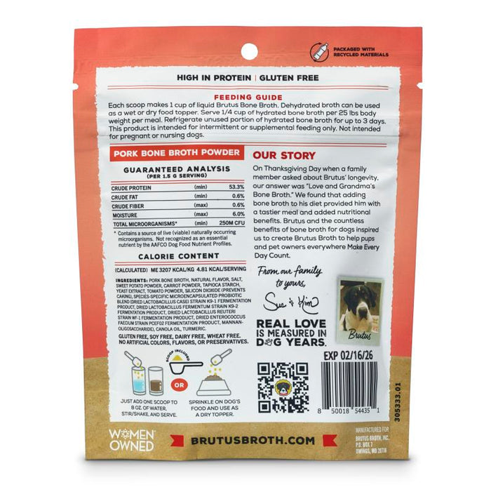 Back of Brutus on the Go: Probiotics Instant Bone Broth Mega Pack shows nutrition facts, feeding guide, brand story, expiration date, and logos like Women Owned and Made in USA. The orange and brown design emphasizes gut health with bone broth for dogs enriched with canine probiotics.