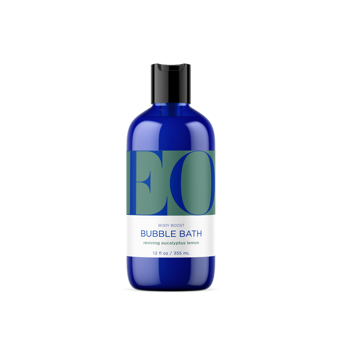 The blue EO Body Boost Bubble Bath bottle by EO Products displays a large green EO. It offers a eucalyptus lemon scent with French lavender hints, containing 12 fl oz (355 ml) for a refreshing and serene bath experience.
