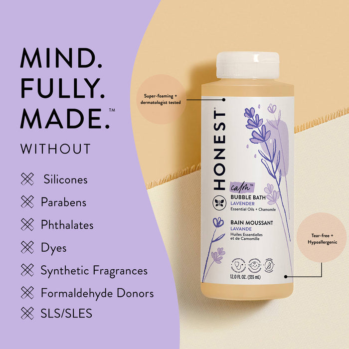 Image of a bottle of The Honest Company Bubble Bath with a beige and purple background. Free from silicones, parabens, phthalates, dyes, synthetic fragrances, and formaldehyde donors; enhanced with chamomile extract for a calming experience. Its super-foaming and tear-free.