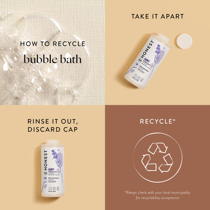 Four-panel graphic on recycling a bubble bath bottle. Top left: bubbles with How to recycle The Honest Company Bubble Bath. Top right: cap removed, Aloe featured. Bottom left: tilt to Rinse, discard cap. Bottom right shows recycling symbol.