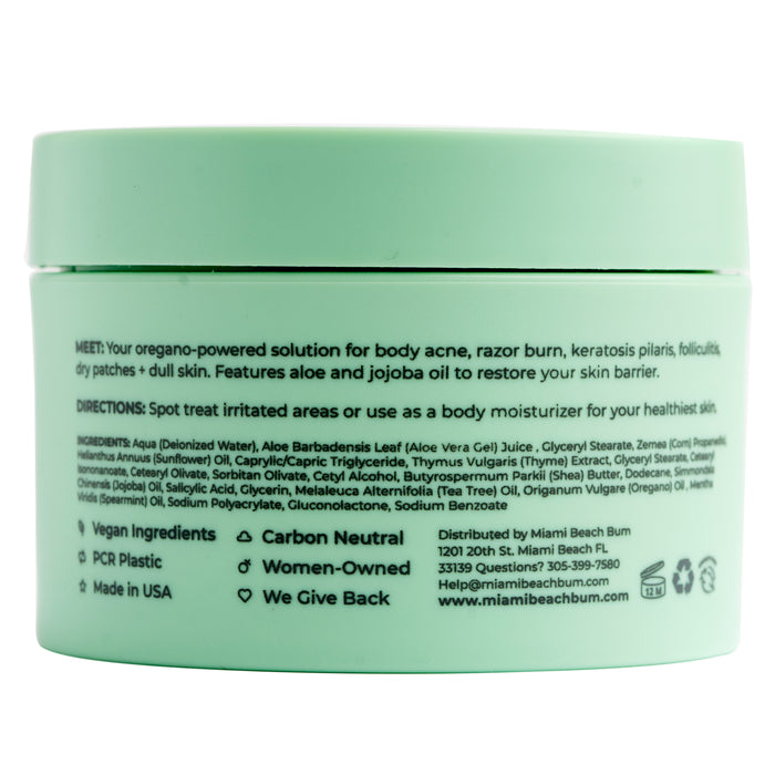 A green jar of Miami Beach Bums Bum + Body Cream showcases details with aloe, jojoba oil, and oregano for skin health. This women-owned, vegan, and carbon-neutral product targets body acne and includes contact info and directions.