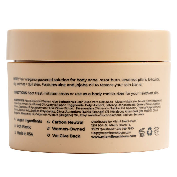 A photo of a beige, circular jar displays the Bum + Body Cream by Miami Beach Bum. The label details usage for body care, including addressing razor burn and body acne, highlighting ingredients like aloe and jojoba oil. Eco-friendly practices and contact info are also mentioned.