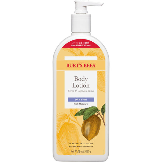 Burts Bees Butter Body Lotion for Dry Skin, enriched with cocoa and cupuaçu butter and natural moisturizers, offers up to 24-hour moisturization and rich moisture. The white 12 oz (340 g) bottle includes a convenient pump dispenser.