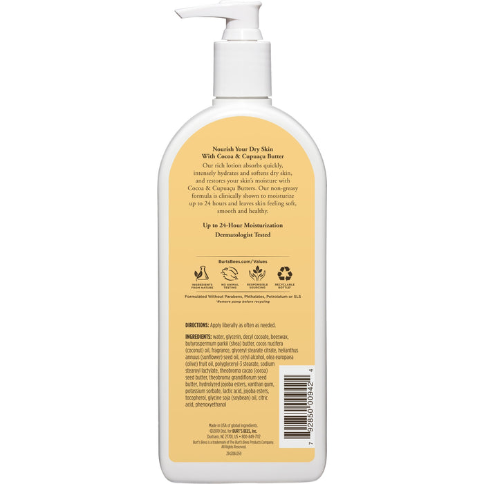 The back of Burts Bees Butter Body Lotion for Dry Skin features a yellow label highlighting its benefits as a body lotion enriched with cupuaçu butter and natural moisturizers. Icon symbols showcase certifications and product features, with a pump dispenser for easy use.