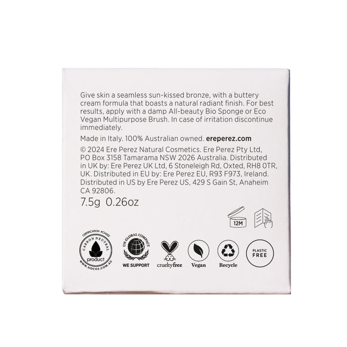 The image shows the rear of Ere Perezs Cacao Bronzing Pot box. It includes usage instructions, manufacturer details, and the product weight (7.5g / 0.26oz). The box displays certification symbols like cruelty-free and vegan.