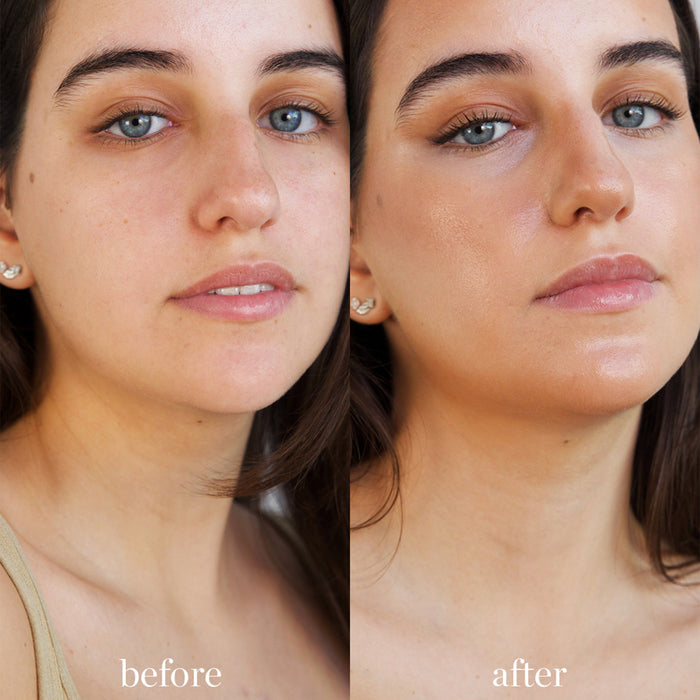 Side-by-side comparison of a woman's face, showcasing a "before" image on the left with a natural look and minimal makeup, and an "after" image on the right with a polished look including foundation, eye makeup, light lip color. Text reads "before" "after