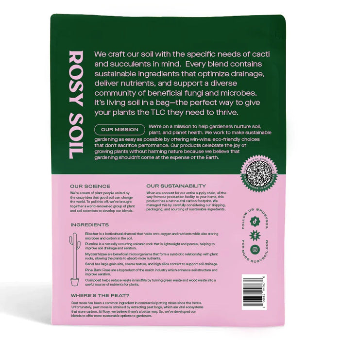 The Cactus & Succulent Potting Soil Mix from Rosy Soil is sustainably packaged and optimized for drainage with beneficial microbes. It enhances soil aeration, includes branding elements, a list of ingredients, and offers usage tips for thriving plants.