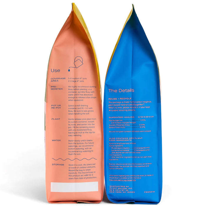 The Rosy Soil Cactus & Succulent Potting Soil Mix bag has pink and blue sides. The pink side covers coverage area, moisture, pot options, soil aeration, planting, watering, and storage instructions. The blue side details sustainable packaging information, reuse guidance, recycling tips, and guarantees.
