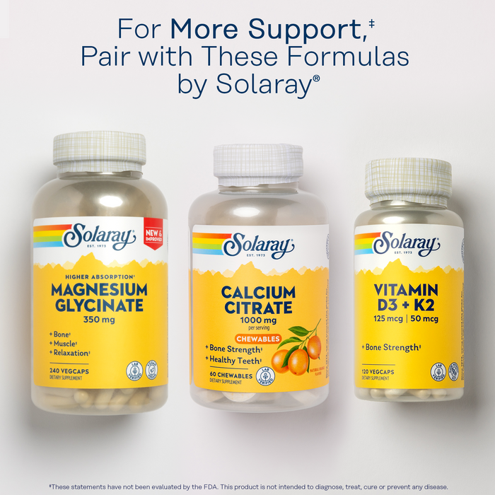 Three bottles of Solaray supplements on a white background. Bottles labeled as Magnesium Glycinate, Calcium Citrate, and Vitamin D3 + K2. Text above reads, "For more support, pair with these formulas by Solaray.
